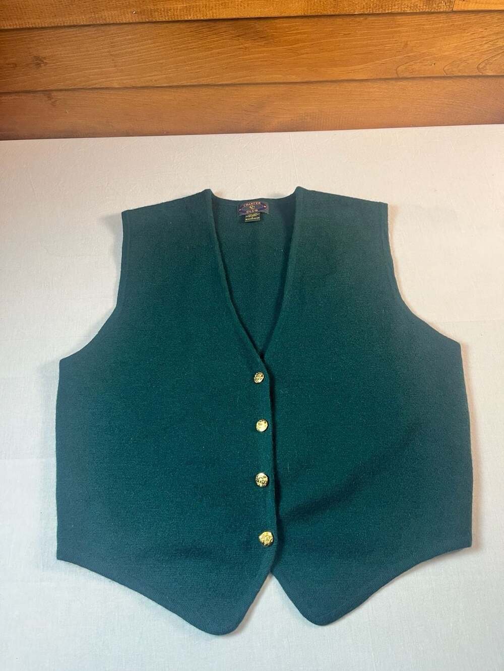 Charter Club Wool Vest LargeGreen Gold Buttons Bow Back Dark Acadamia
